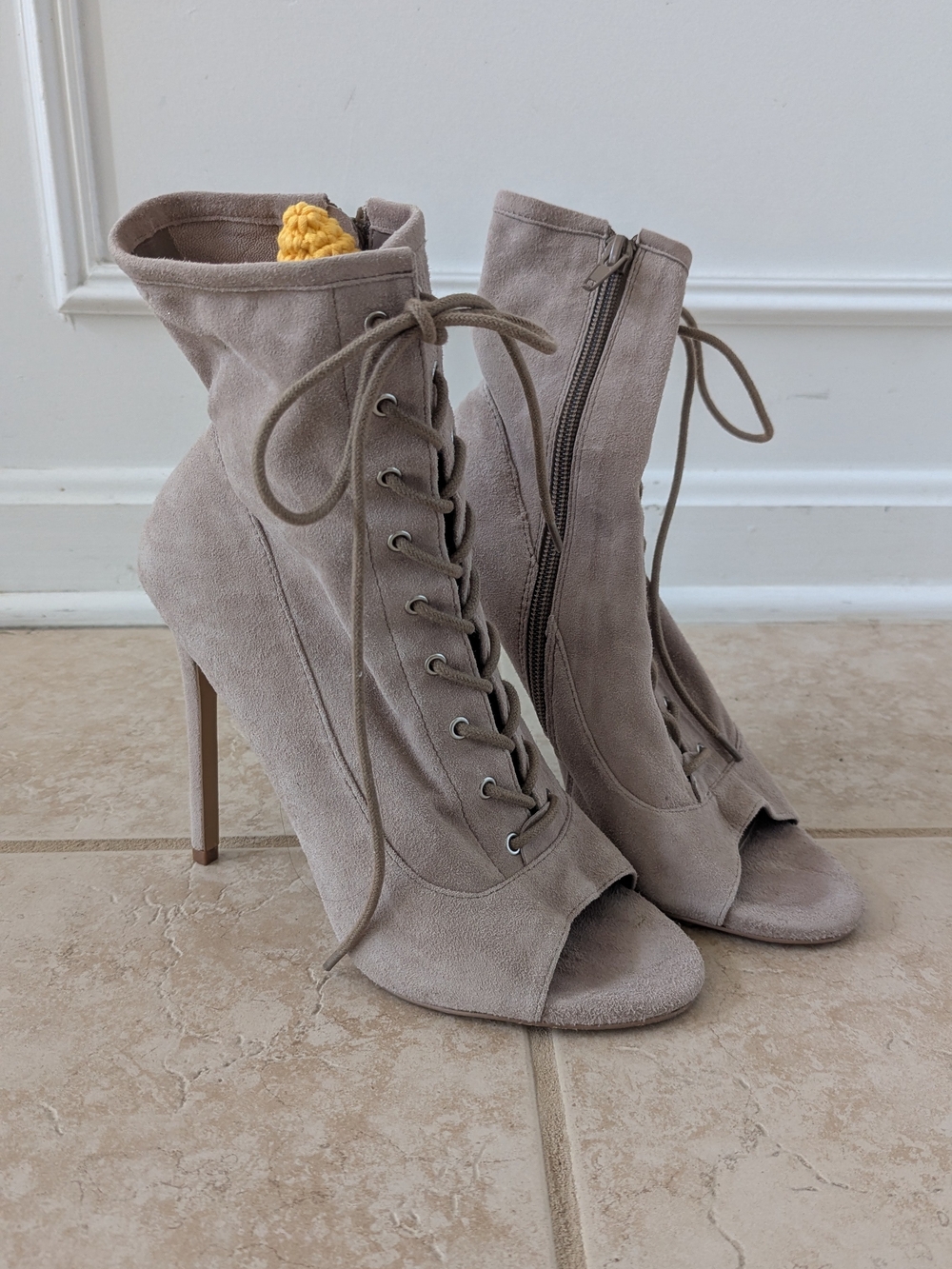 Steve Madden Taupe Suede Lace-Up Peep-Toe Stiletto Booties